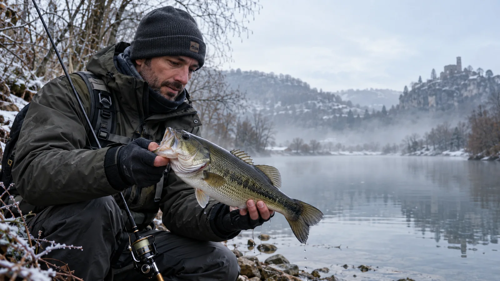 Un pêcheur agenouillé sur une berge enneigée tient un black-bass au-dessus de l'eau, dans la brume d'un matin d'hiver.