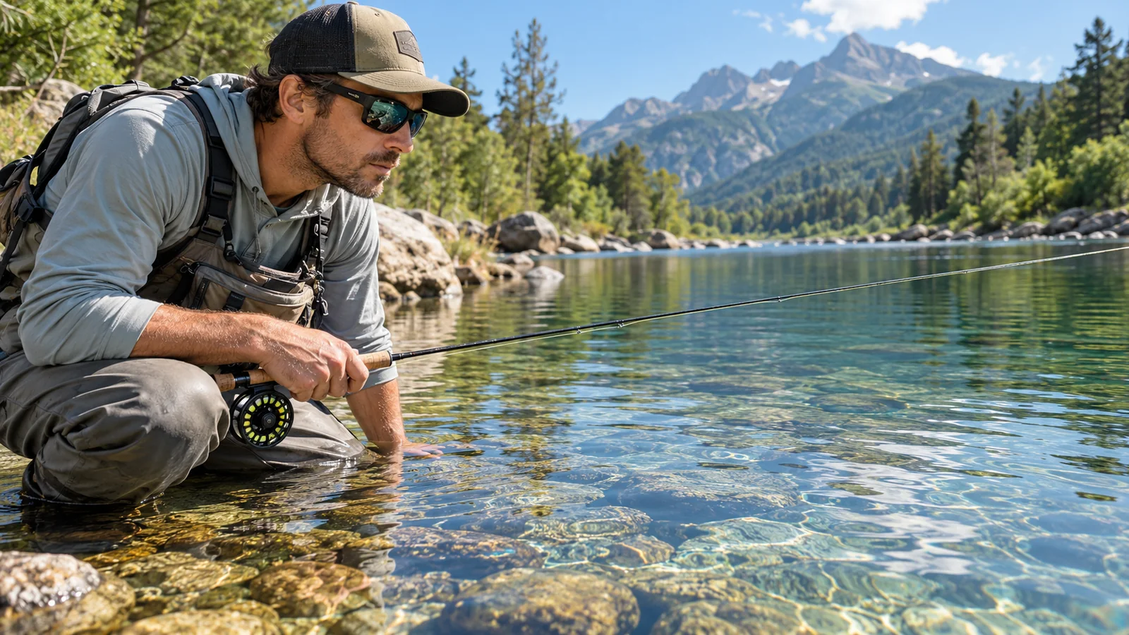 Un pêcheur accroupi au bord d'une eau claire, lunettes polarisantes sur les yeux, observe le fond avant de poser sa ligne.