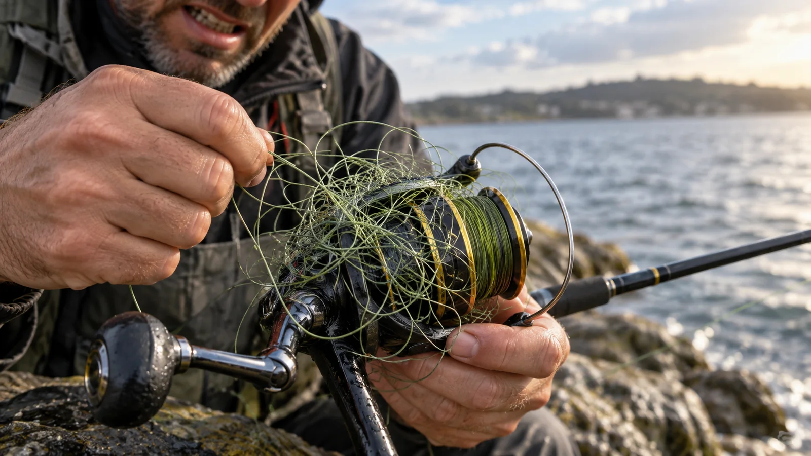Les mains d'un pêcheur démêlent une perruque de tresse emmêlée sur la bobine d'un moulinet spinning.