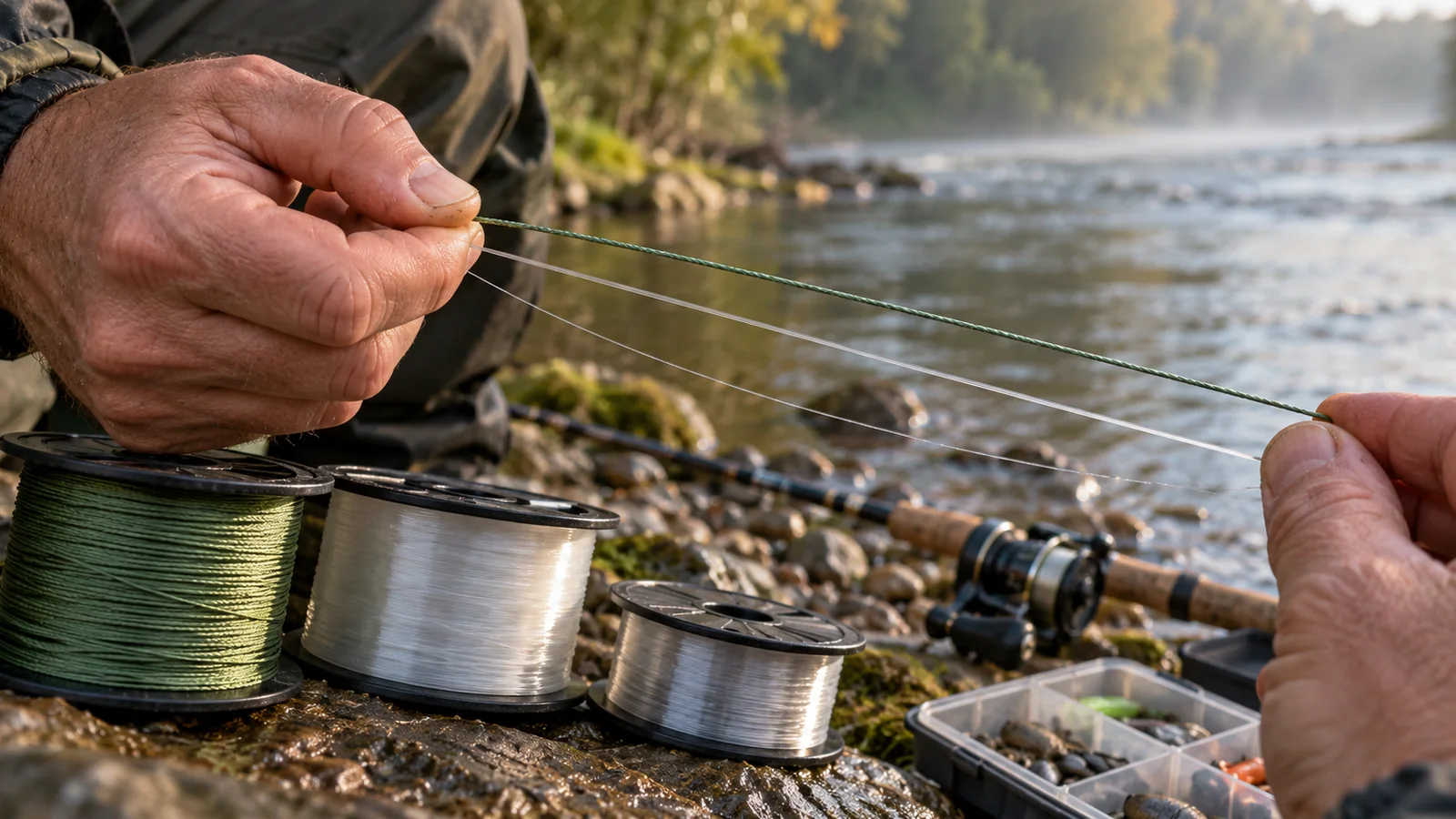 Trois bobines alignées sur une pierre — tresse verte, nylon et fluorocarbone clairs — et deux mains tendant les trois fils côte à côte.