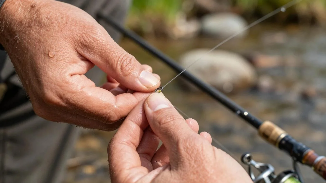 Les mains d'un pêcheur passent le fil dans l'anneau d'une canne, au bord d'une rivière peu profonde.